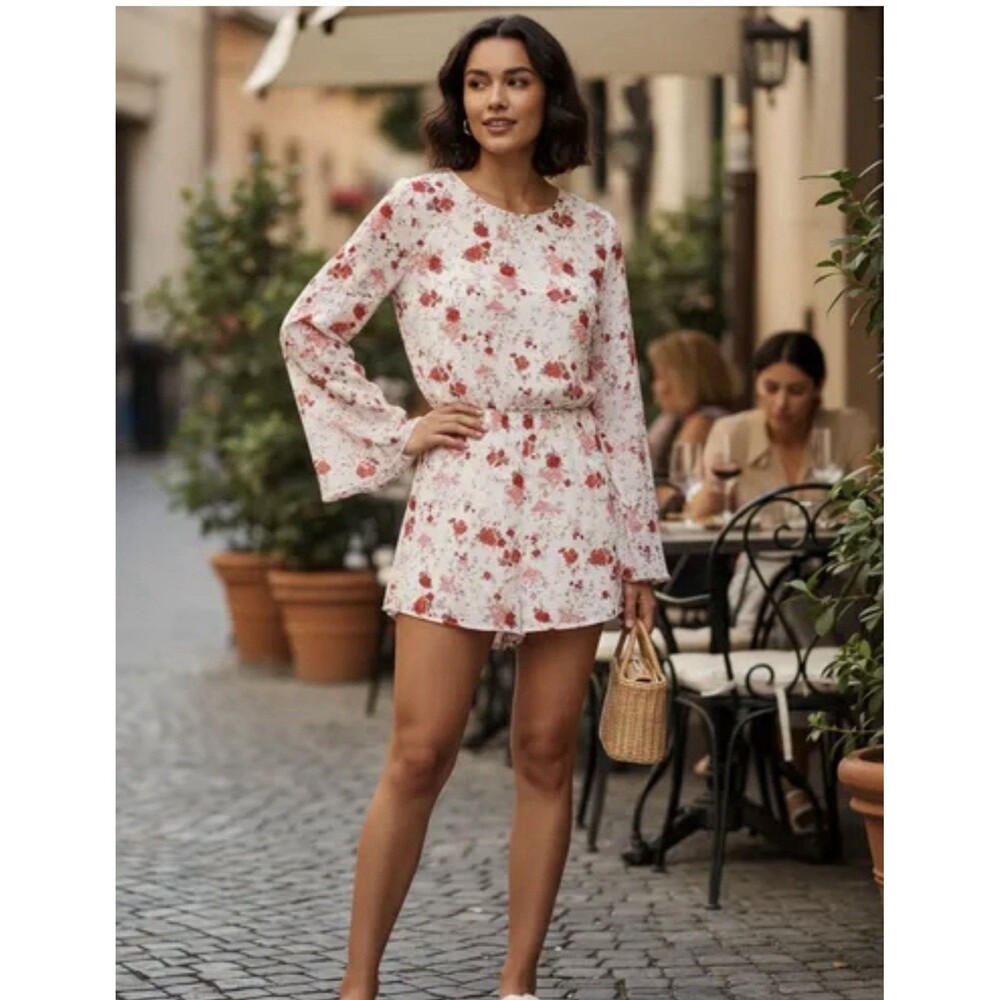 Forever 21 Floral Romper Ivory/Red/Pink S Long Bell Sleeve Polyester Zip